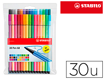 Rotulador acuarelable Stabilo Pen 68 estuche 24 colores estándar + 6 colores neón.